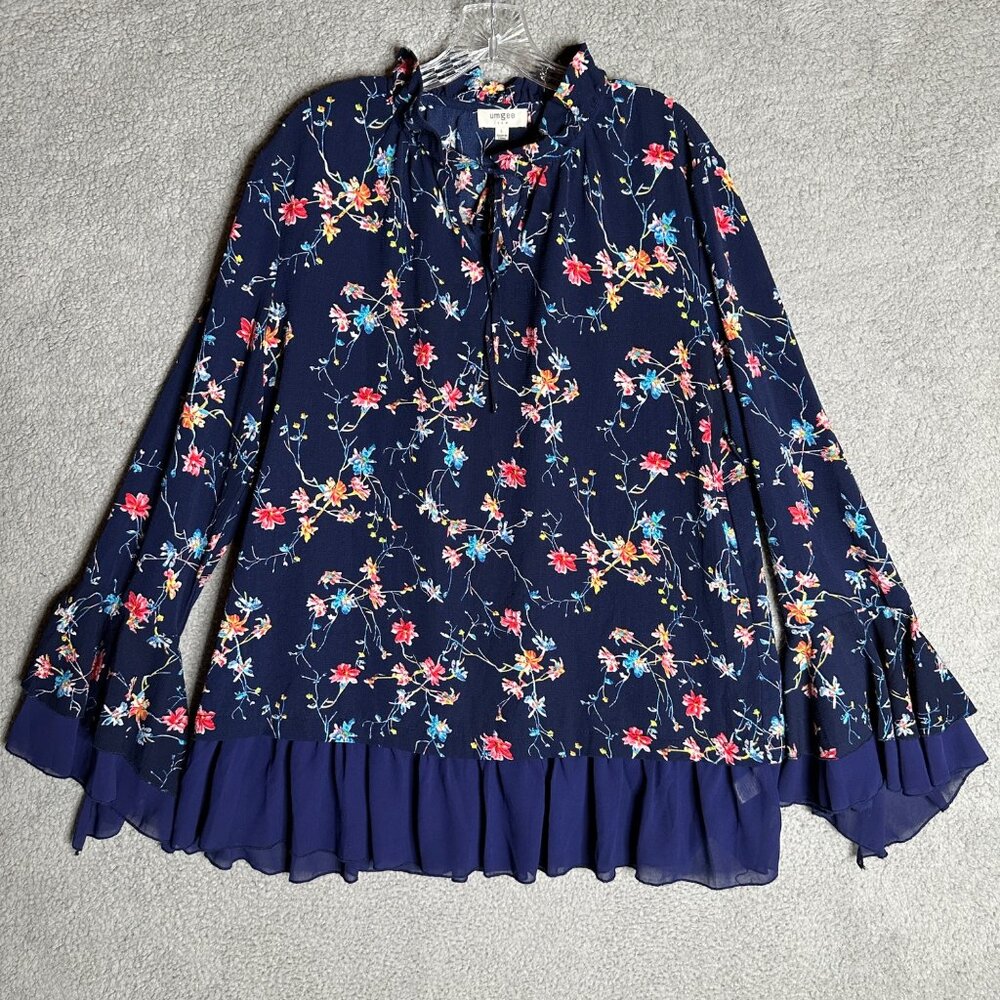 Umgee Tunic Mini‎ Dress Size Large Blue Floral Boho Ruffle Bell Sleeve Cottage